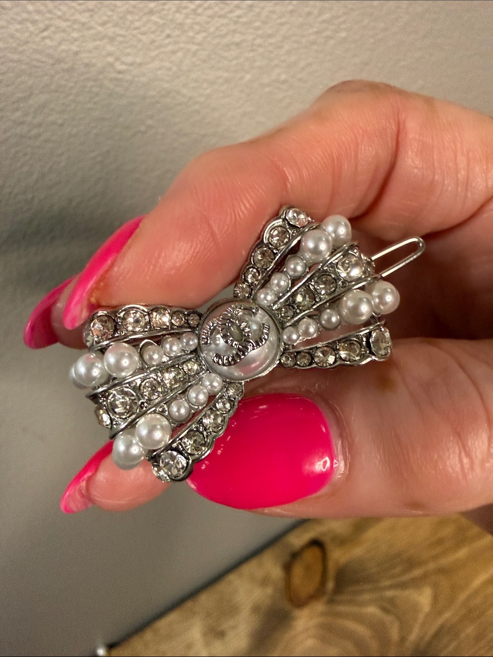 Silver Bow Hair Clip with Pearls and Rhinestones; NWOT - Picture 2 of 5